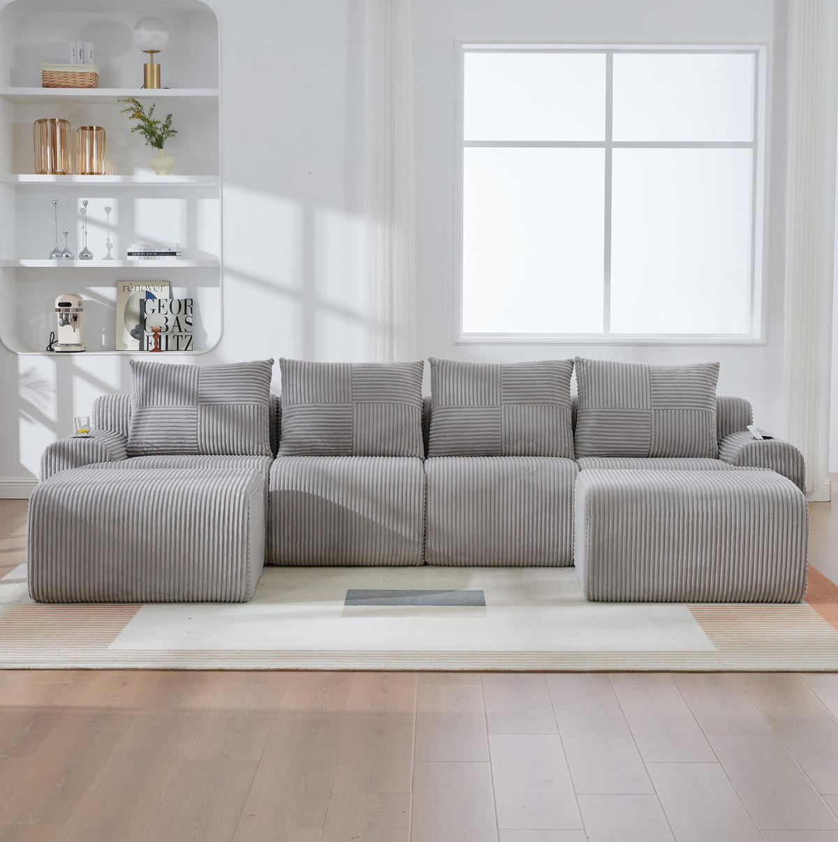 MODULARES Sofa 333/174/80 cm in Hellgrau mit 2 Hockern und Getränkehalter - Hellgrau, Textil (174/80/333cm) - Flora Grace
