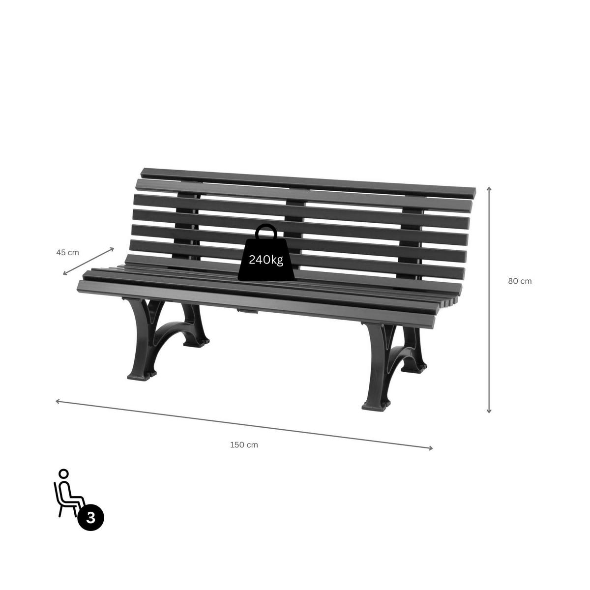 GARTENBANK Jamaika 3 Sitzer Graphitgrau 80 x 150 x 64 cm Witterungskunststoff & UV Beständiger Kunststoff - Graphitfarben, Kunststoff (150/80/64cm) - PROREGAL