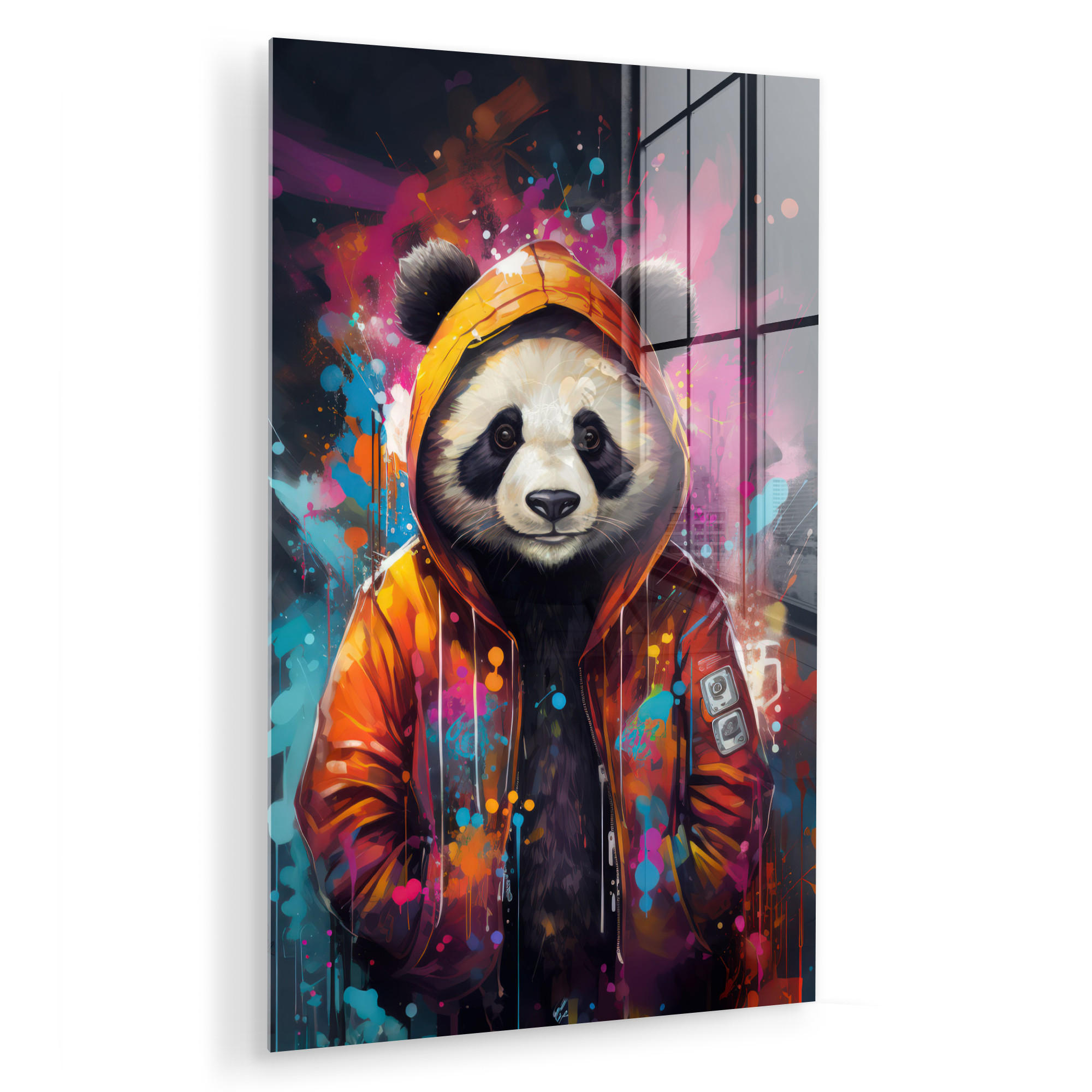 ACRYLGLASBILD Panda - Jacke - Graffiti - Orange 40x60 cm - Orange, Glas (40/60cm) - MuchoWow