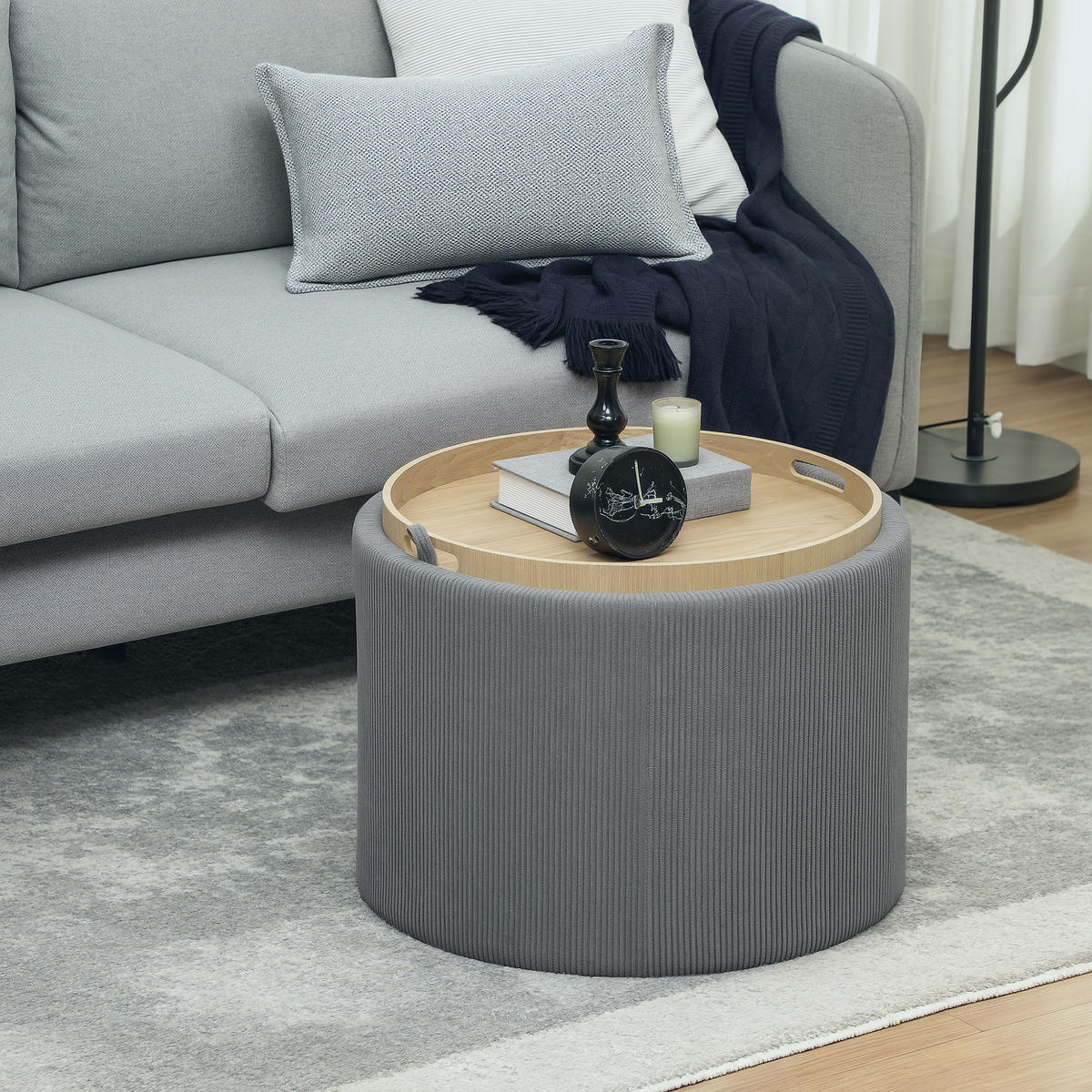 SITZHOCKER mit Stauraum Hocker mit Deckel, Cord-Optik 56 x 56 x 42 cm Grau - Grau, Textil (56/42/56cm) - HOMCOM