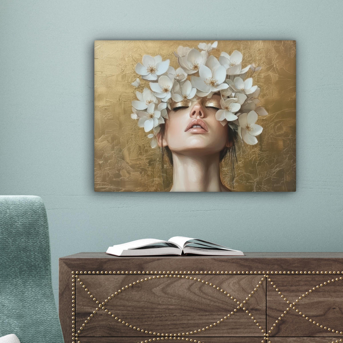 LEINWANDBILD Gesicht - Blumen - Gold - Abstrakt Wandbild 40x30 cm - Goldfarben, Textil (40/30cm) - MuchoWow