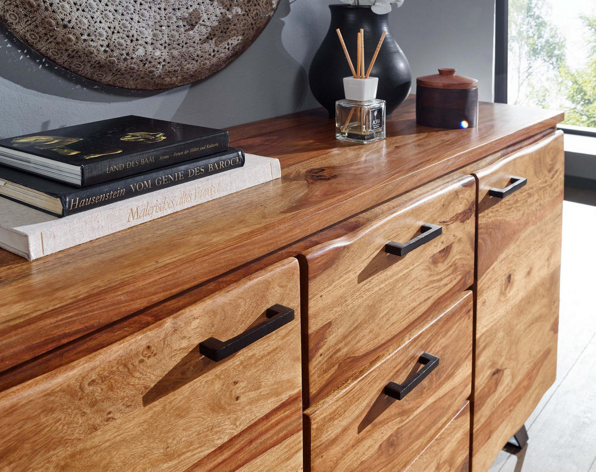 SIDEBOARD – Massivholz, 145x82x45 cm, mit Baumkante, Metallgestell - Schwarz/Braun, Holz/Metall (145/82/45cm) - KADIMA DESIGN