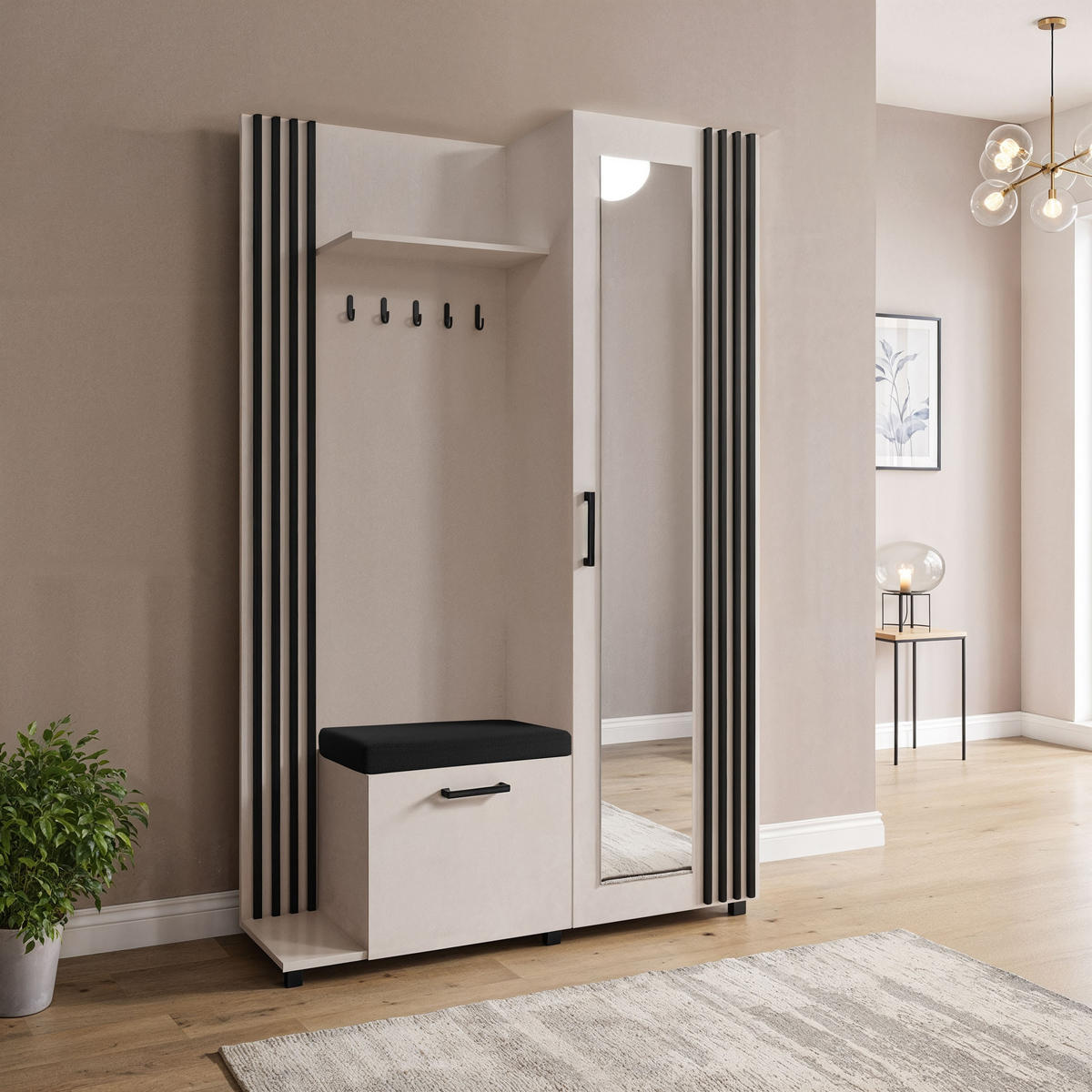 GARDEROBE Linaro mit Spiegel, Sitzbank in Lamellen-Optik 137/207/42 cm, Links - Kaschmir/Schwarz, Holzwerkstoff (137/207/42cm) - WFL GROUP