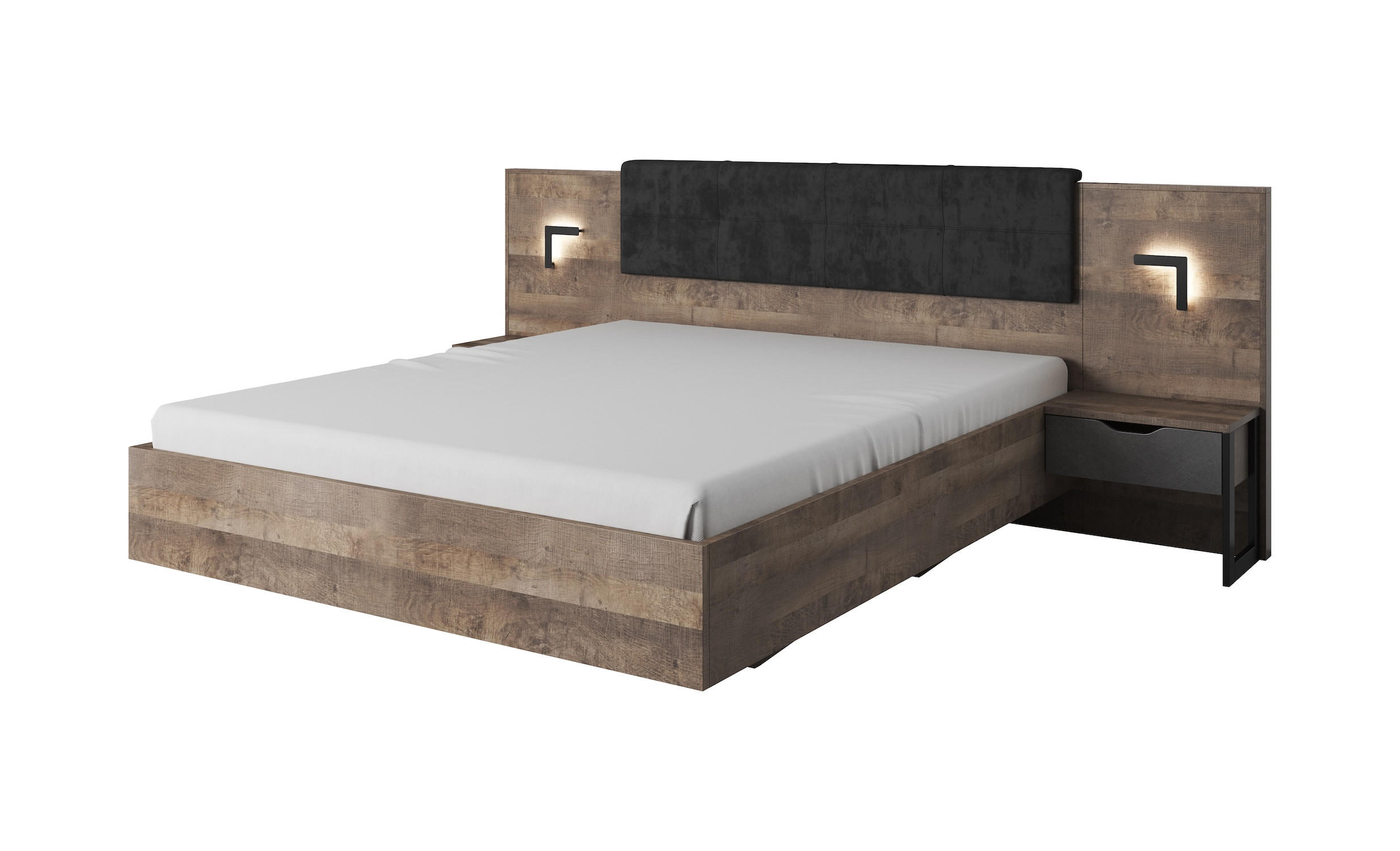 DOPPELBETT MIT NACHTKONSOLEN Arden Sand Grange Eiche / Matera / Schwarz 3-teilig - Braun/Grau, Holz/Holzwerkstoff (160/200cm) - Feldmann-Wohnen