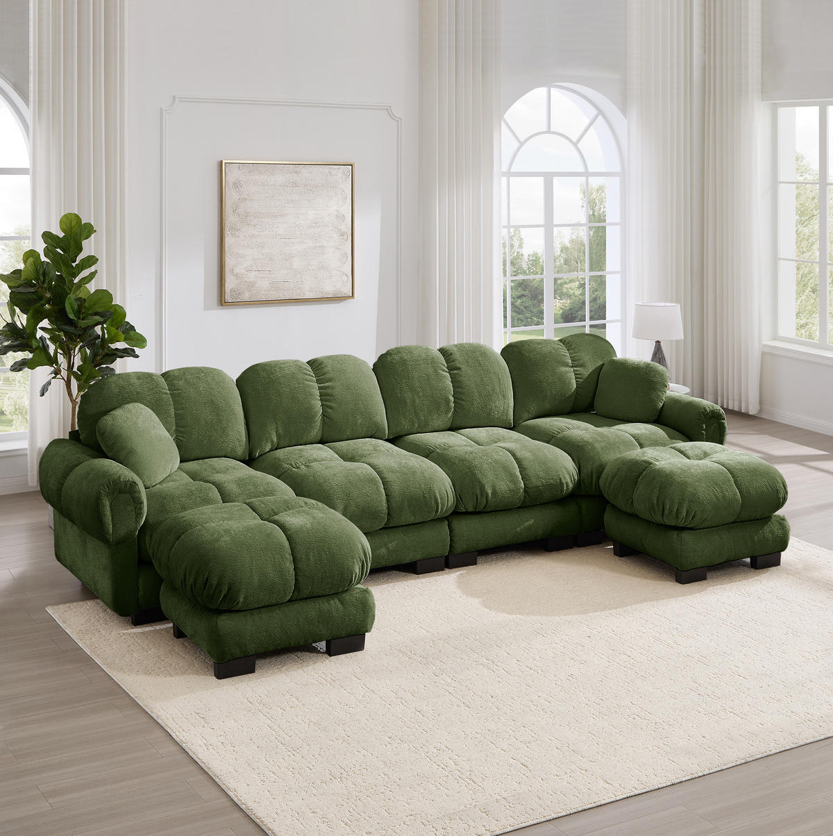 SOFA in U-Form mit 2 mobilen Hockern Chenille Grün - Grün, Holz (149/90/330.1cm) - Meubliv
