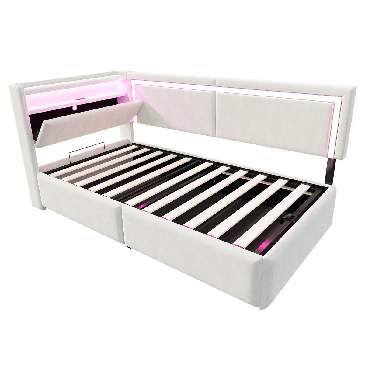 POLSTERBETT 90/200 cm beige aus Samt mit LED und USB und Stauraum - Beige, Textil (90/200cm) - OKWISH