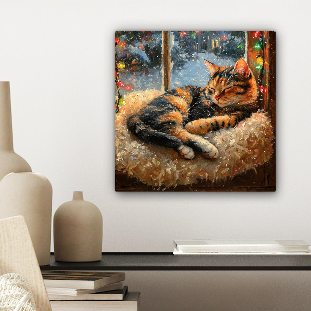 LEINWANDBILD Katze - Weihnachten - Winter - Tier Deko Wohnzimmer 20x20 cm - Bernsteinfarben, Textil (20/20cm) - MuchoWow