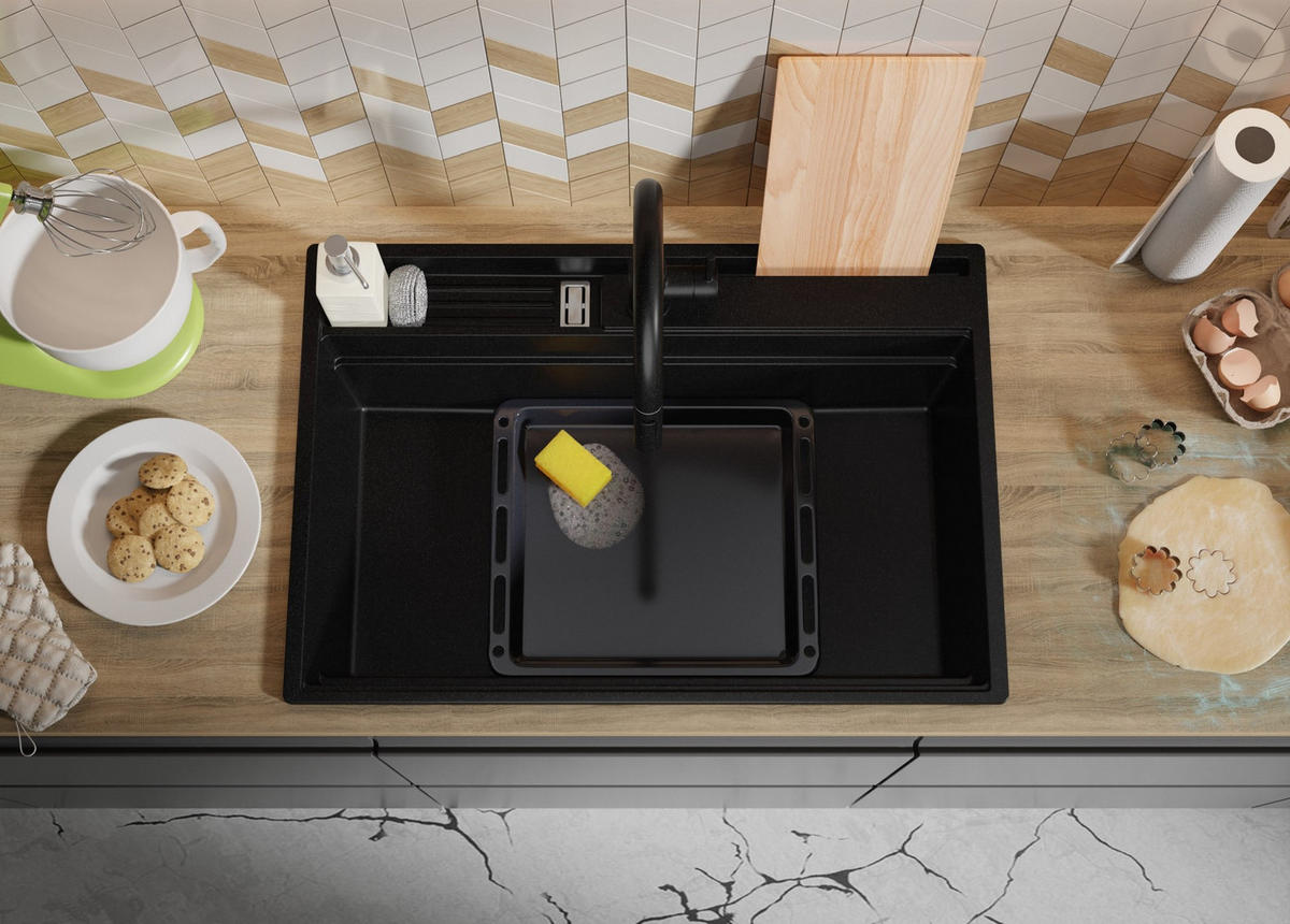 SPÜLBECKEN Oslo Pocket, 2-er set Alles Schwarz 78/53 cm 1 Becken + Ablauf-Set + Küchenzubehörset ab 80er Unterschrank - Beige/Schwarz, Kunststoff (78/20/53cm) - Primagran