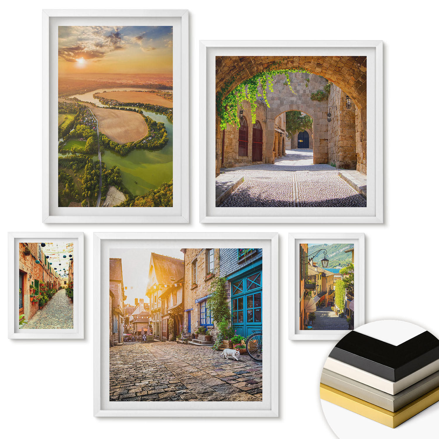 WANDBILDER 5er-Set - 50x50 cm & 20x30 cm & 40x60 cm Weißer Rahmen - Sommerlandschaften im Boho-Stil - Weiß, Kunststoff (40/60cm) - ArtPrintCave