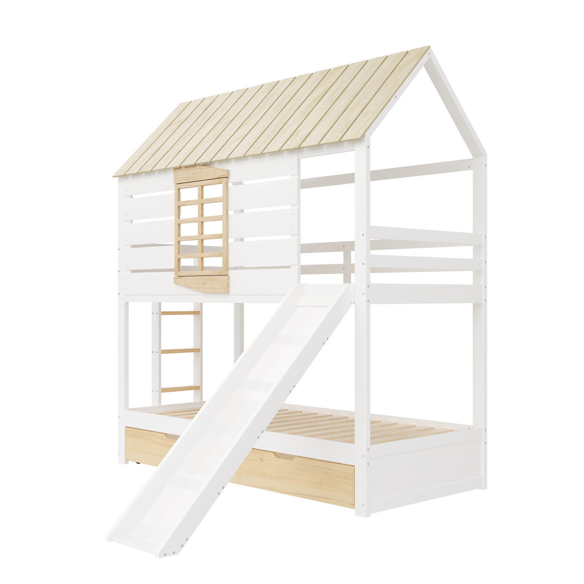 ETAGENBETT 90/200 cm Weiß aus Kiefer mit Rutsche und Ausziehbett - Weiß, Holzwerkstoff (90/200cm) - OKWISH