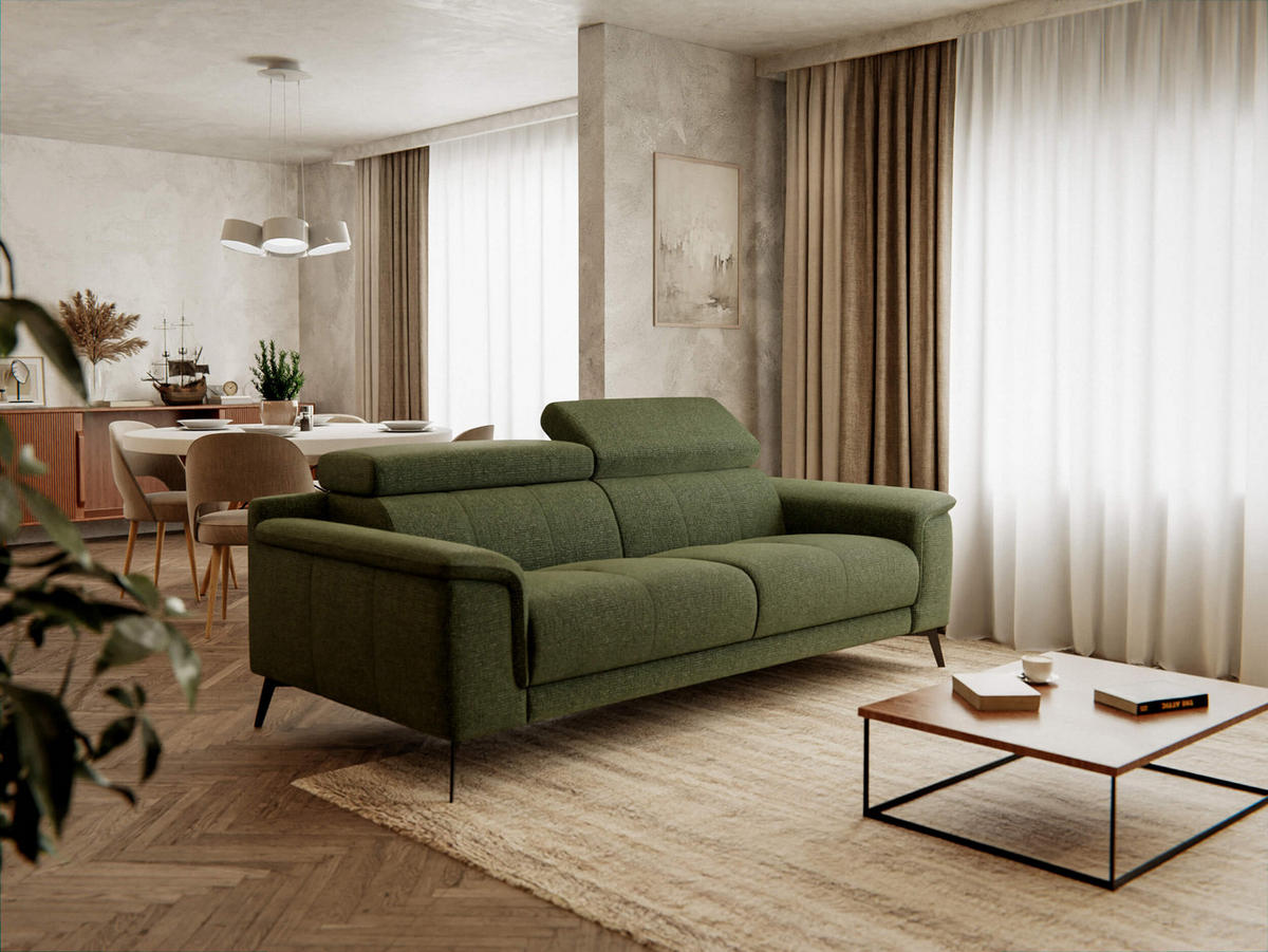 SOFA FIERO 3-Sitzer, olivgrün - Schwarz/Olivgrün, Holzwerkstoff/Textil (212/82/103cm) - Courtois Laville