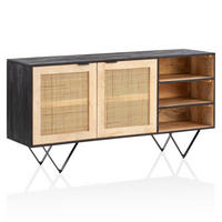 SIDEBOARD – Mango Massivholz/Rattan, 145x75x40 cm, 2 Türen, schwarz/braun, mit Regal - Schwarz, Holz/Metall (145/75/40cm) - KADIMA DESIGN