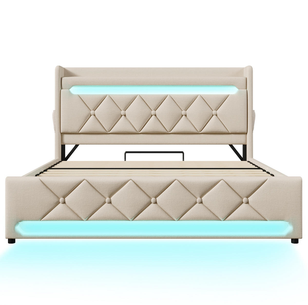 POLSTERBETT 160/200 cm mit Bettkasten, LED-Beleuchtung und USB in Beige - Beige, Textil (160/200cm) - BEAOK