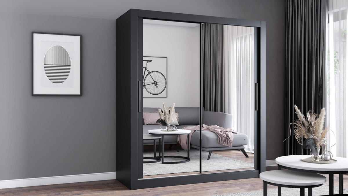 SCHIEBETÜRENSCHRANK - Milko 180 Schwarz - Schwarz, Holzwerkstoff/Metall (180/215/64cm) - Möblo