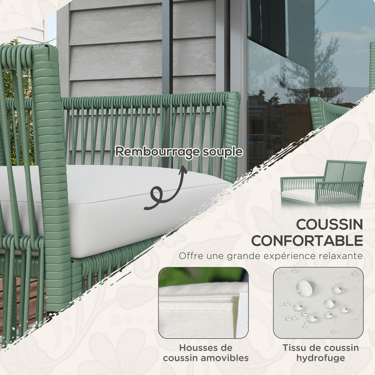 GARTENSET DE-13598 4-teilig mit Glastisch & 5 cm Kissen Natur - Grün, Metall - ComfortXL
