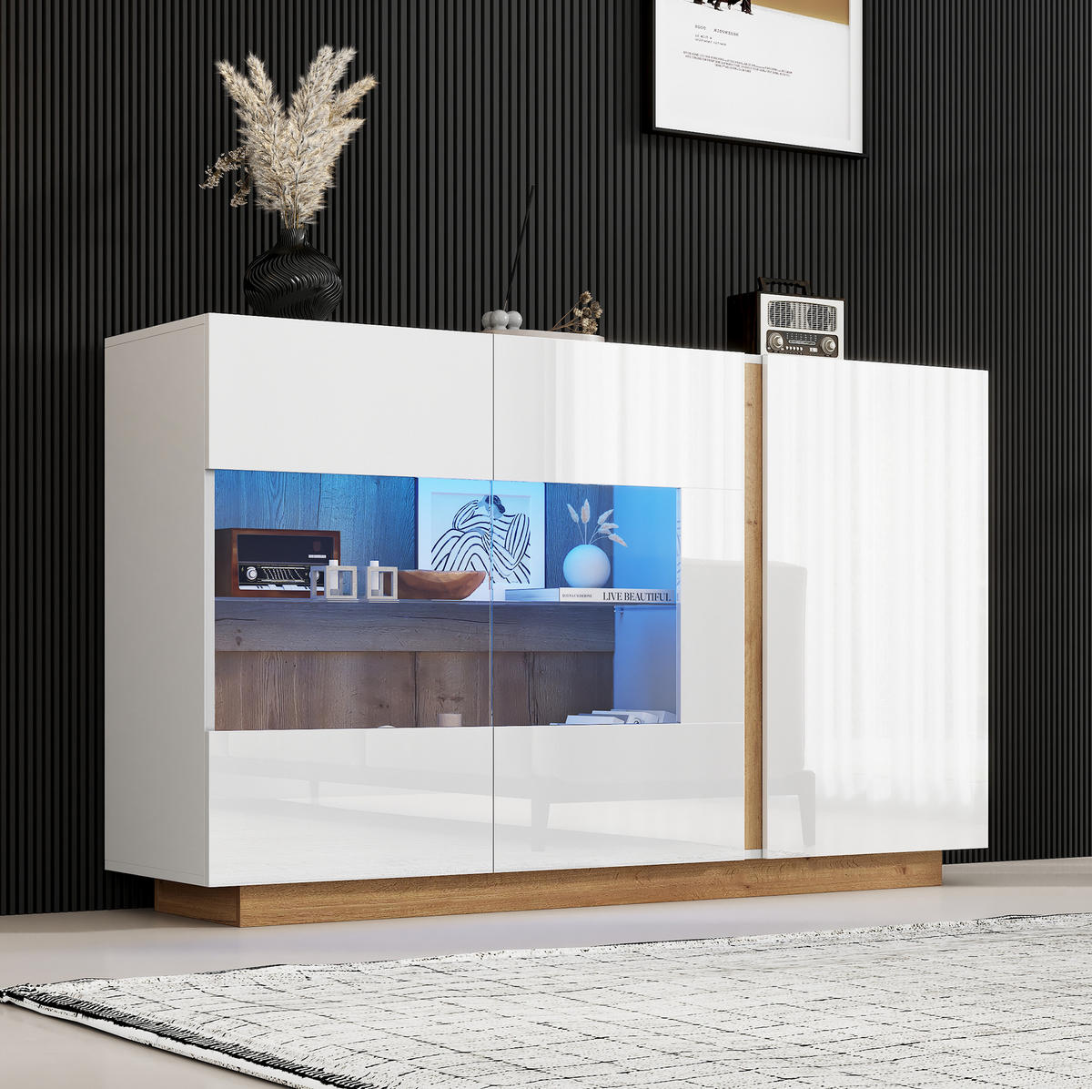SIDEBOARD 138/38,5/90,5 cm aus Spanplatte und Glas mit 3 Türen, LED-Beleuchtung und Hochglanzfront, Weiß - Weiß, Holzwerkstoff (138/90.5/38cm) - Redom