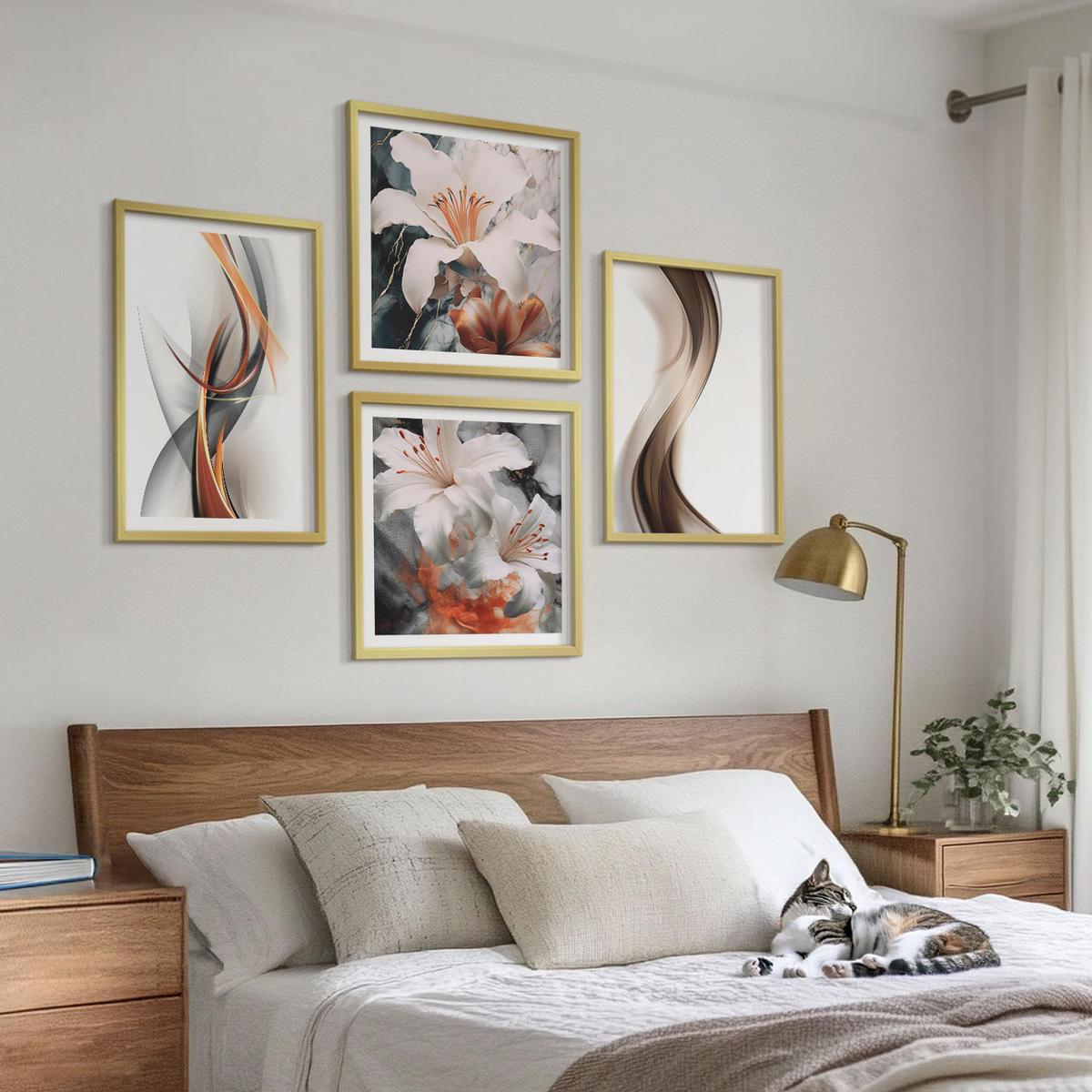 BILDER SET 4er Set - 50x50 cm & 40x60 cm Goldrahmen - Gelbgrau-braune Wellen - Goldfarben, Kunststoff (50/50cm) - TULUP