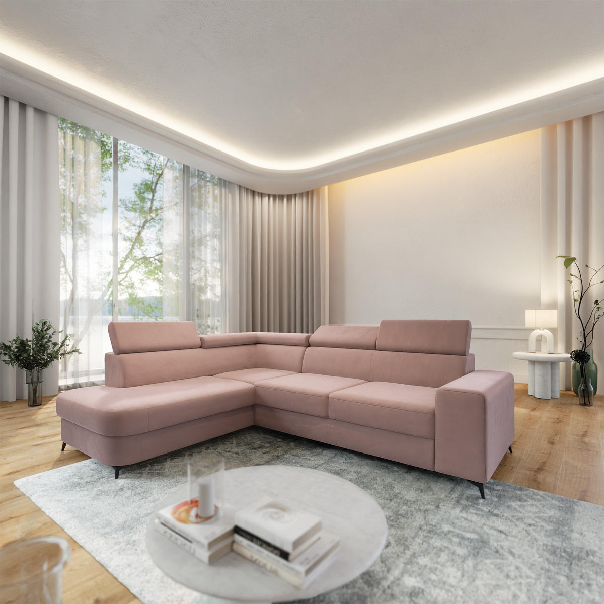 ECKSOFA ALVORO L-S Rosa Velours-Stoff mit Schlaffunktion - Rosa, Holz (253/190cm) - MASSENO