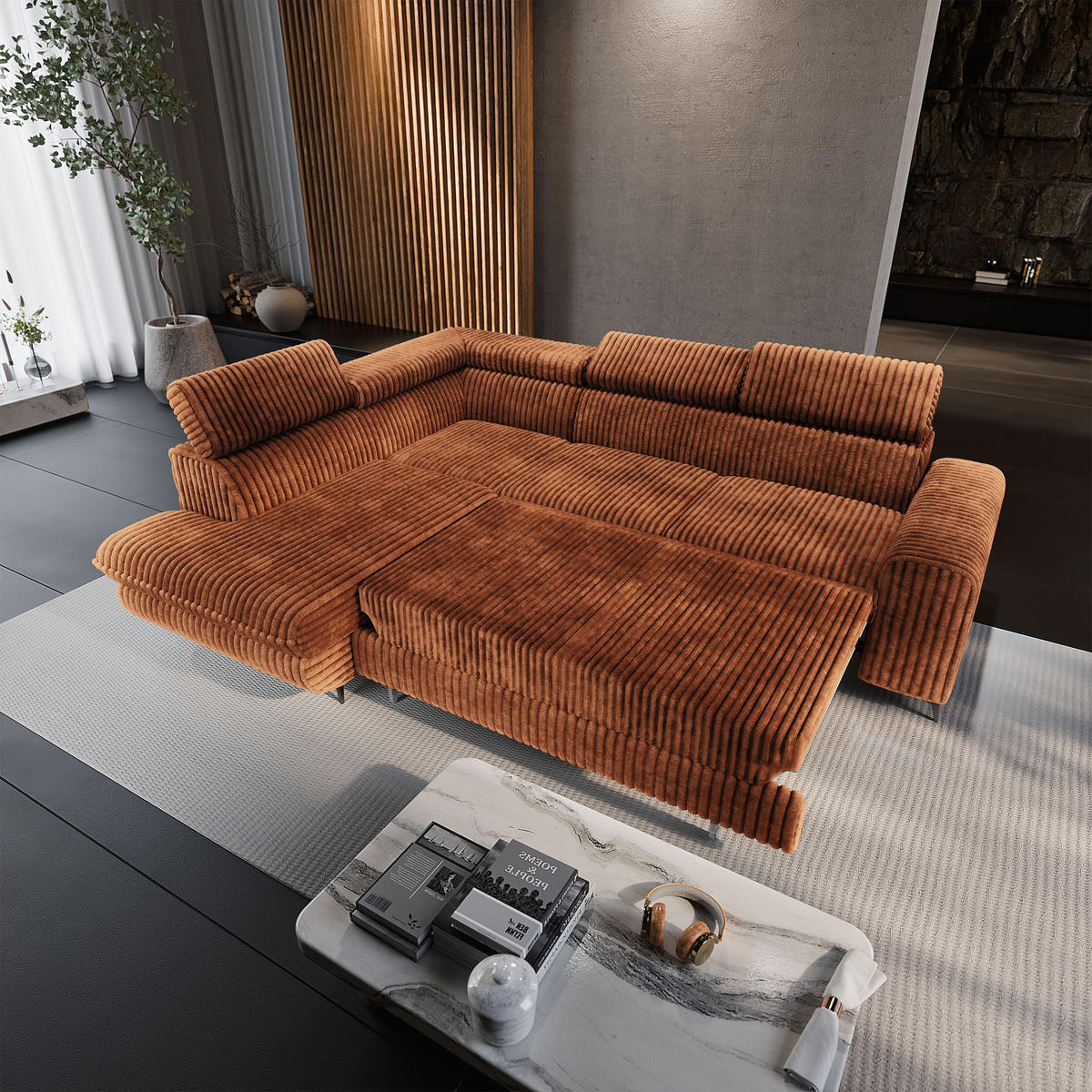 ECKSOFA VELISS Braun Kordstoff mit Schlaffunktion - Braun, Holz (255/193cm) - MASSENO