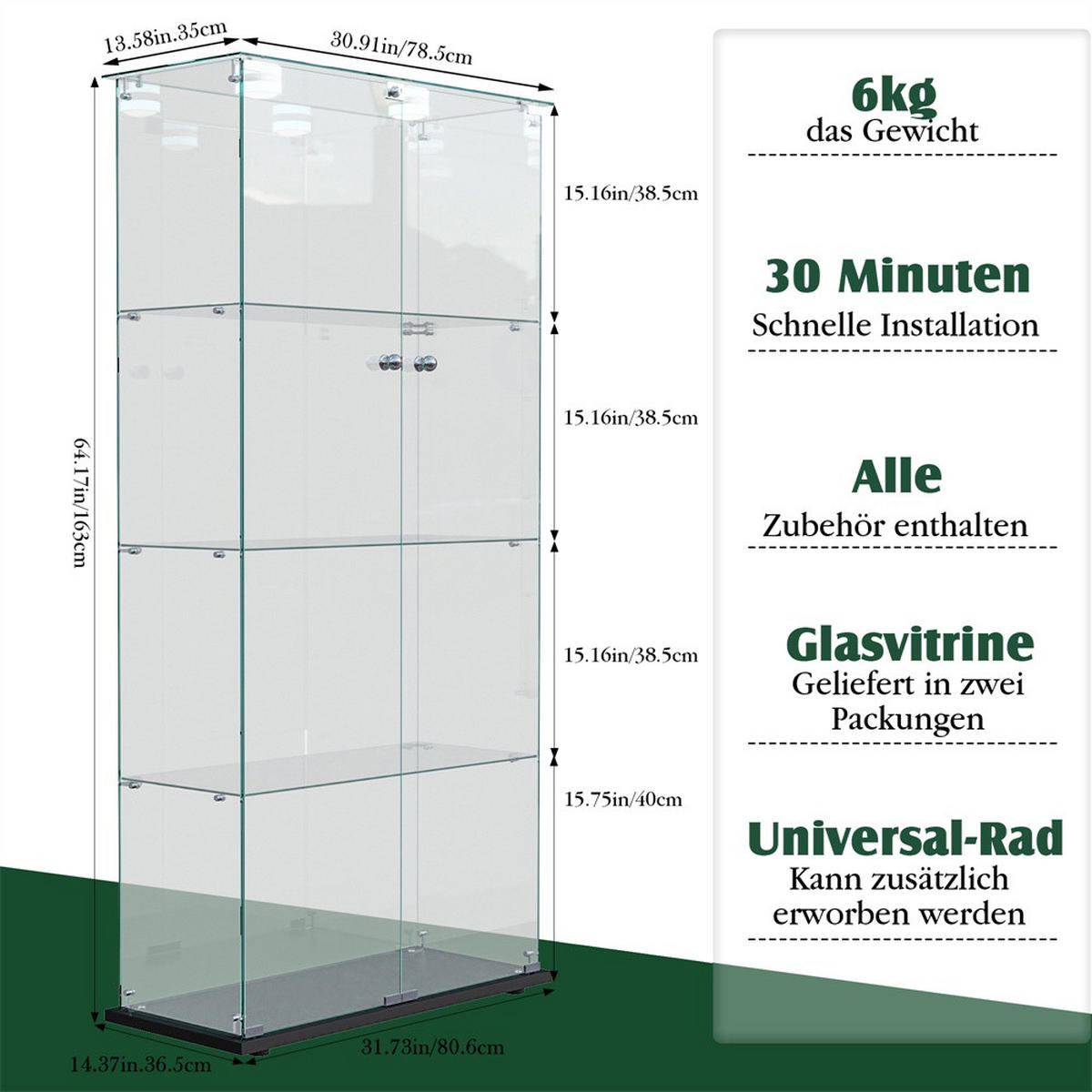 VITRINE - Glasvitrine mit 2 Türen und 4 Ebenen - integrierte LED-Spot-Beleuchtung - Schwarz - Schwarz, Glas (78.5/163/35cm) - DELFA