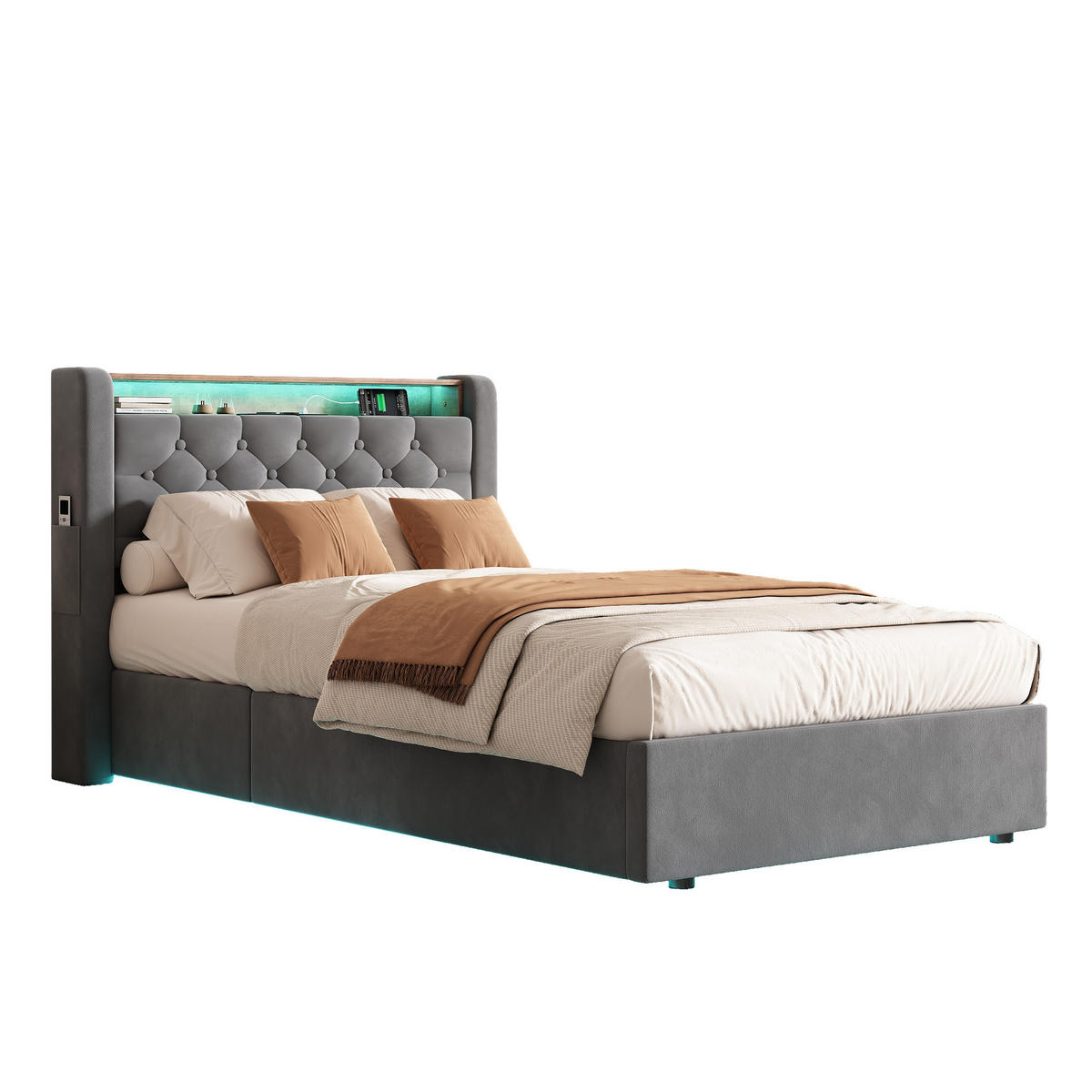 POLSTERBETT 90x190 mit Bettkasten & LED Beleuchtung,mit klappbarem Kopfteil,Grau - Grau, Holzwerkstoff/Textil (90/190cm) - EVRYAE