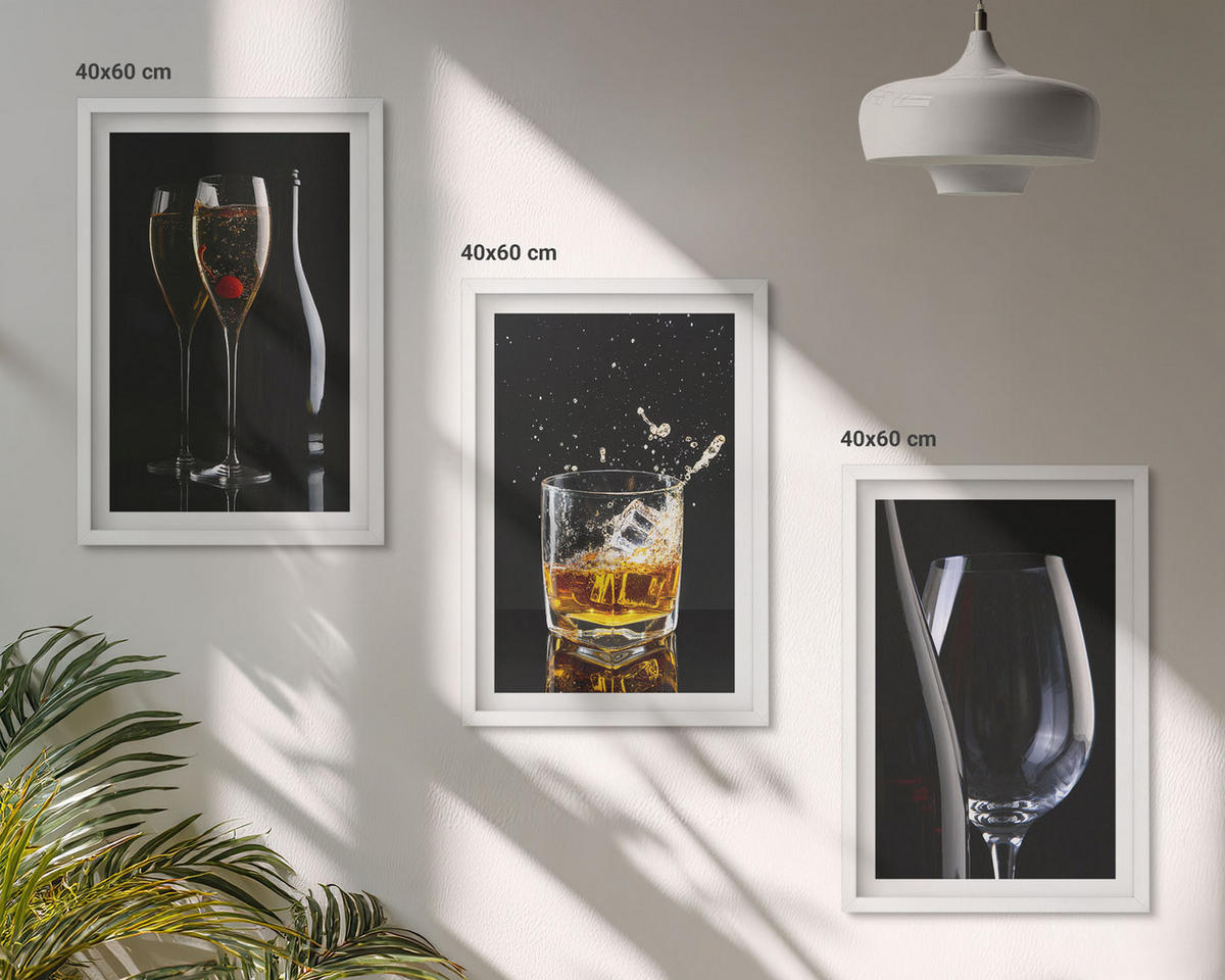 WANDBILDER 3er-Set - 40x60 cm Weißer Rahmen - Weingläser und Whiskygläser auf schwarzem Hintergrund - Weiß, Kunststoff (40/60cm) - ArtPrintCave