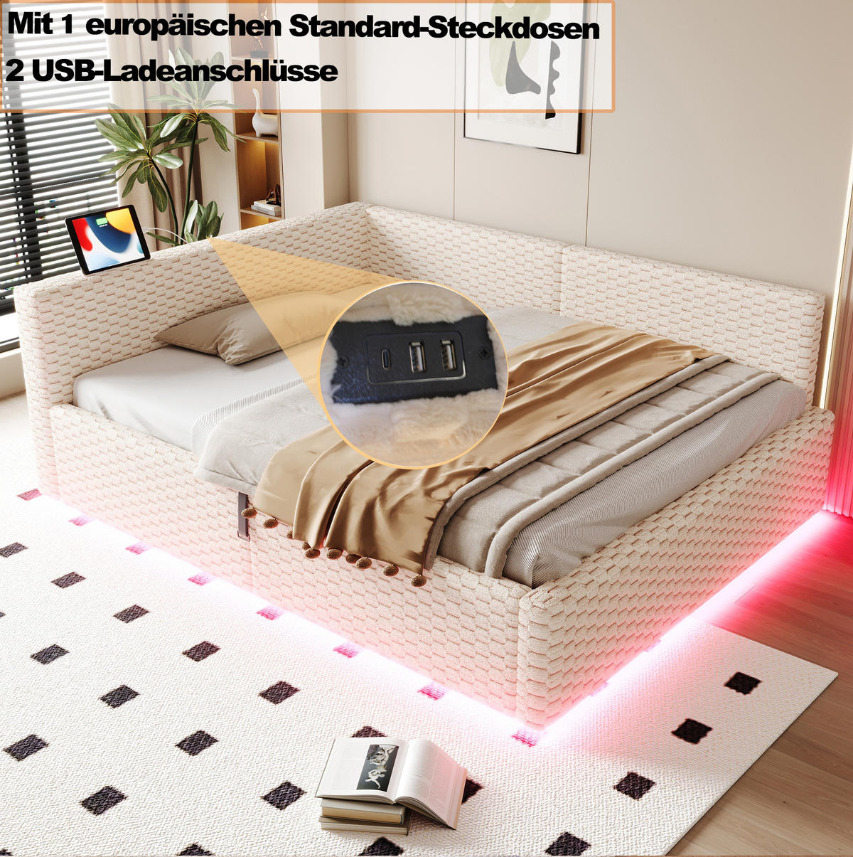 TAPECIRANI krevet 140/200 cm s LED osvjetljenjem, USB i Type-C priključkom te hidrauličnim spremištem, Bež - bež, drvni materijal (140/200cm) - Redom