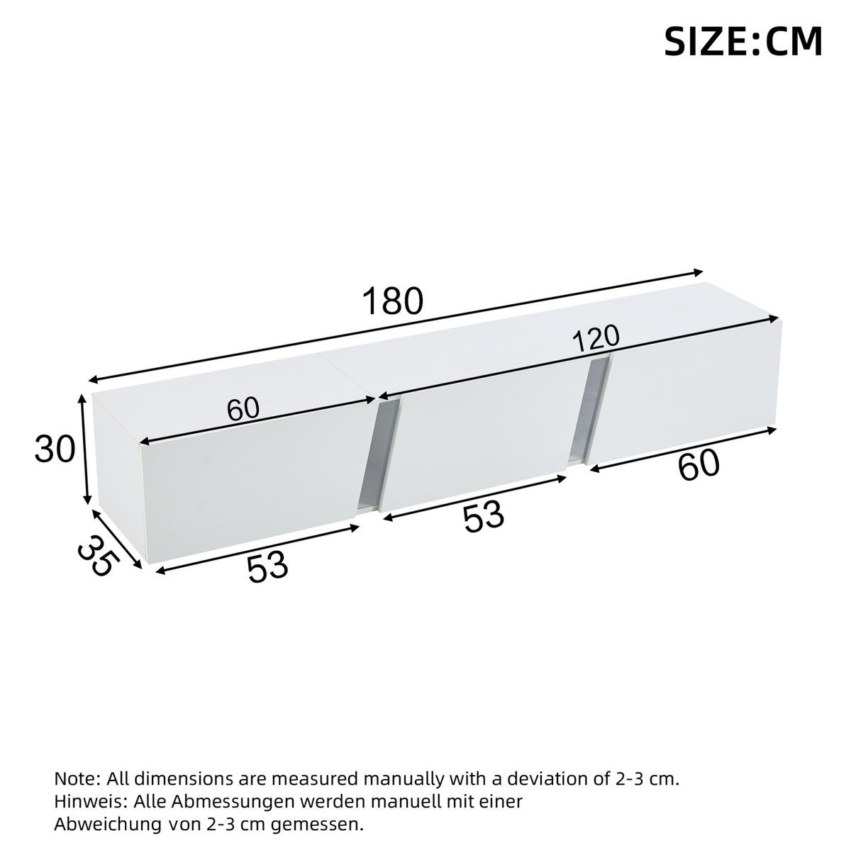 ZIDNI TV ormarić 180/35/30 cm bijeli od iverice s LED rasvjetom i 3 vrata - bijela, drvni materijal (180/30/35cm) - OKWISH