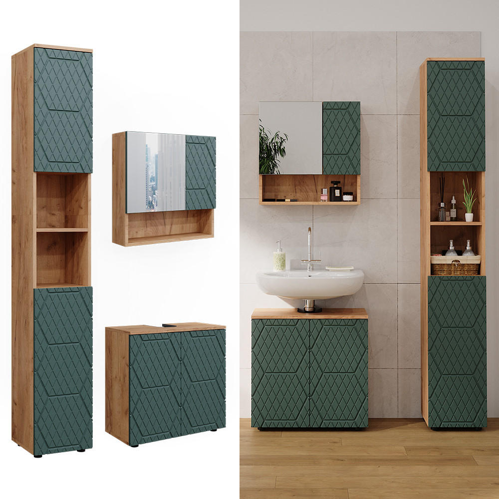 BADMÖBEL-SET Irma Grün 3 Teile, mit Hochschrank - Eiche Wotan/Grün, Holzwerkstoff (80/58.6/41cm) - Vicco