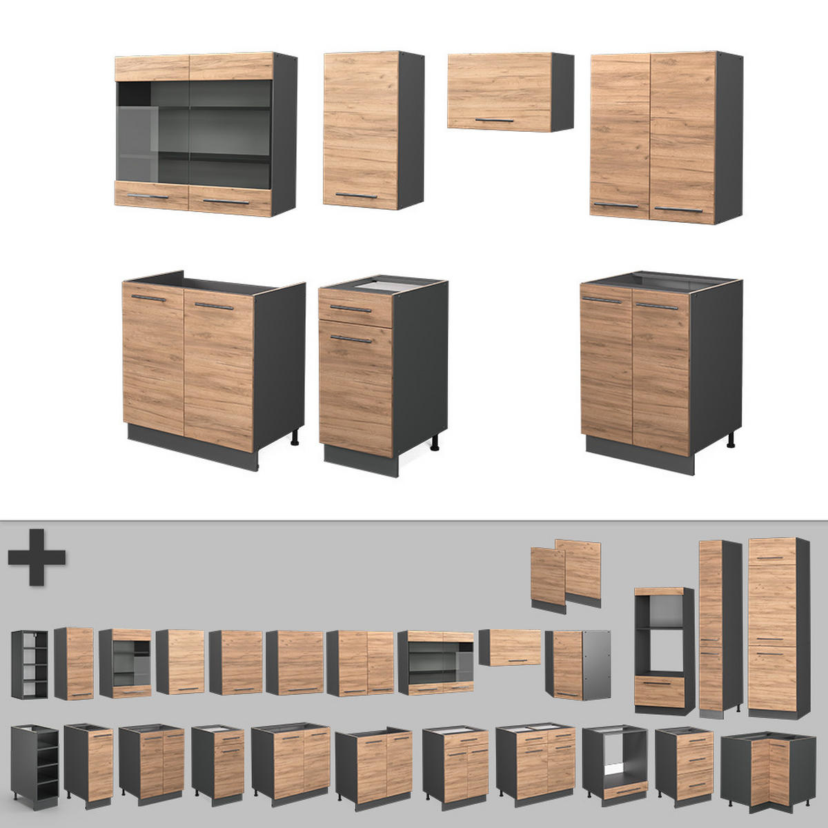 KÜCHENZEILE Fame-Line Goldkraft Eiche/Anthrazit 240 cm, AP Eiche - Anthrazit/Eiche Wotan, Holzwerkstoff (240/81.6/60cm) - Vicco