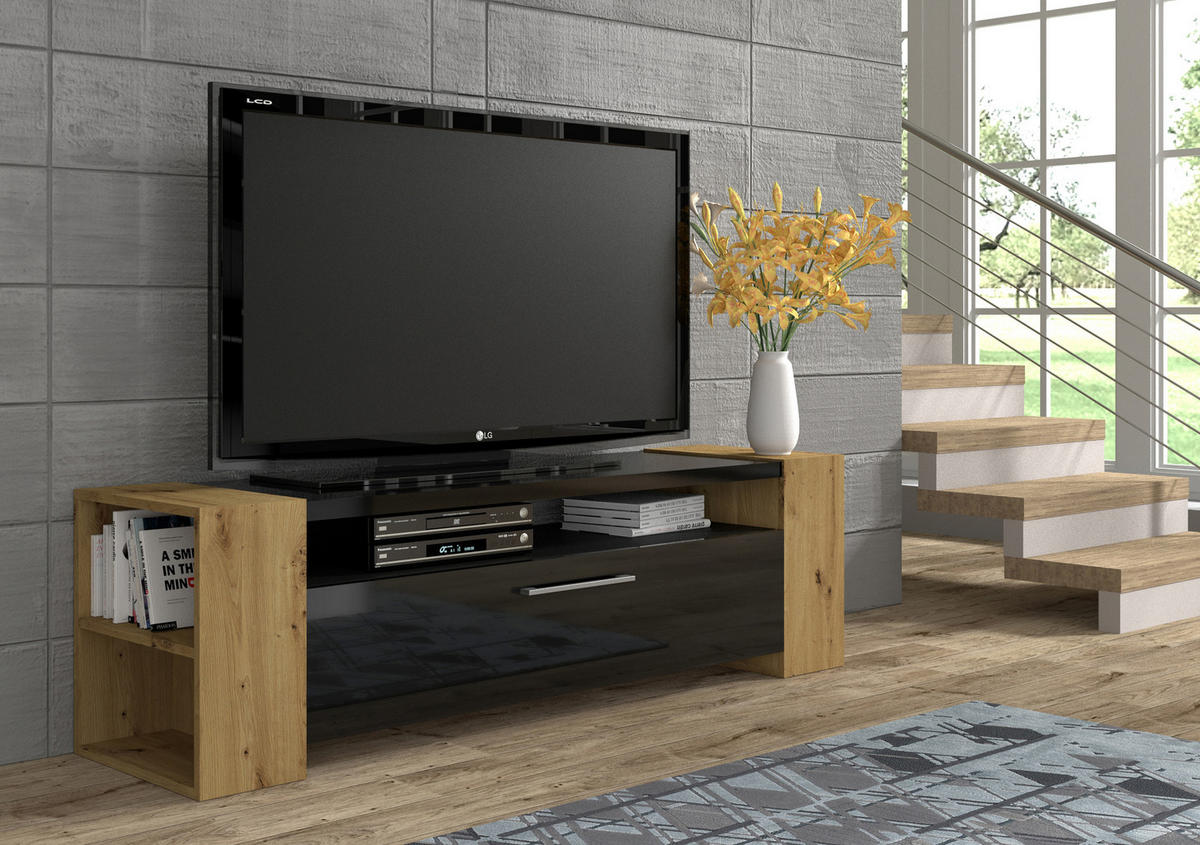 TV LOWBOARD Artisan Eiche/Schwarz Hochglanz 160/42/40 - Schwarz Hochglanz/Eiche Artisan, Holzwerkstoff (160/42/40cm) - RAUMHIRSCH FURNITURE