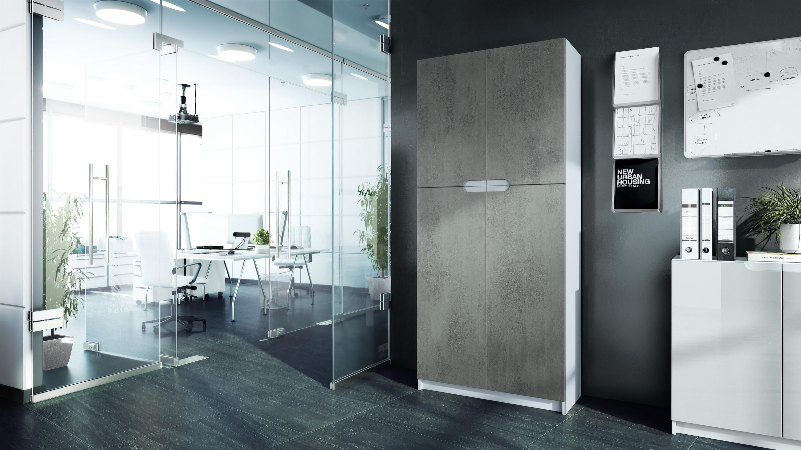 BÜROSCHRANK Logan Fronten in Beton Dunkel Optik - Dunkelgrau, Holzwerkstoff (82/185/37cm) - Vladon