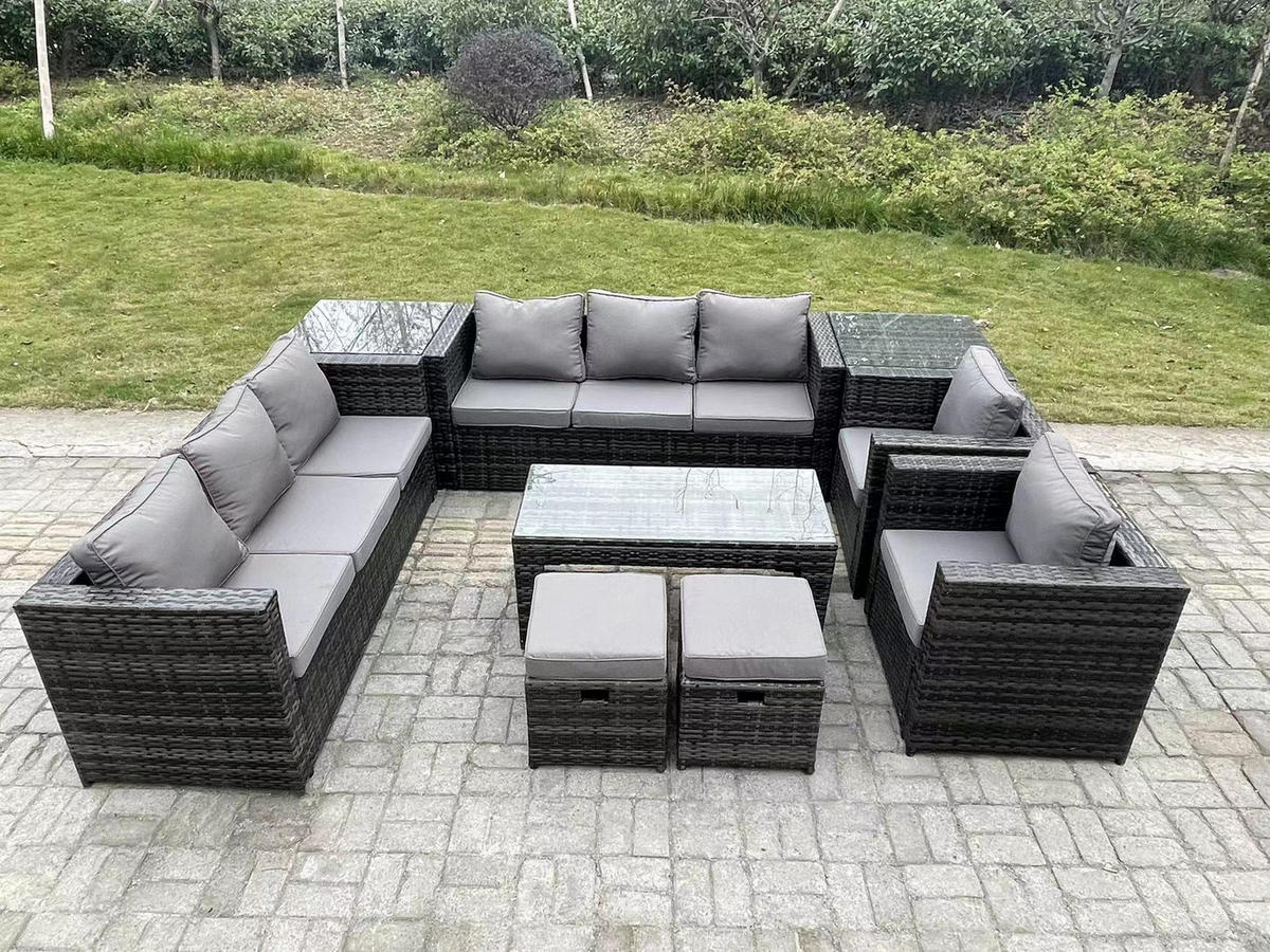 GARTENMÖBELSET mit Couchtisch Polyrattan 10-Sitzer - Dunkelgrau/Grau, Glas/Kunststoff - Fimous