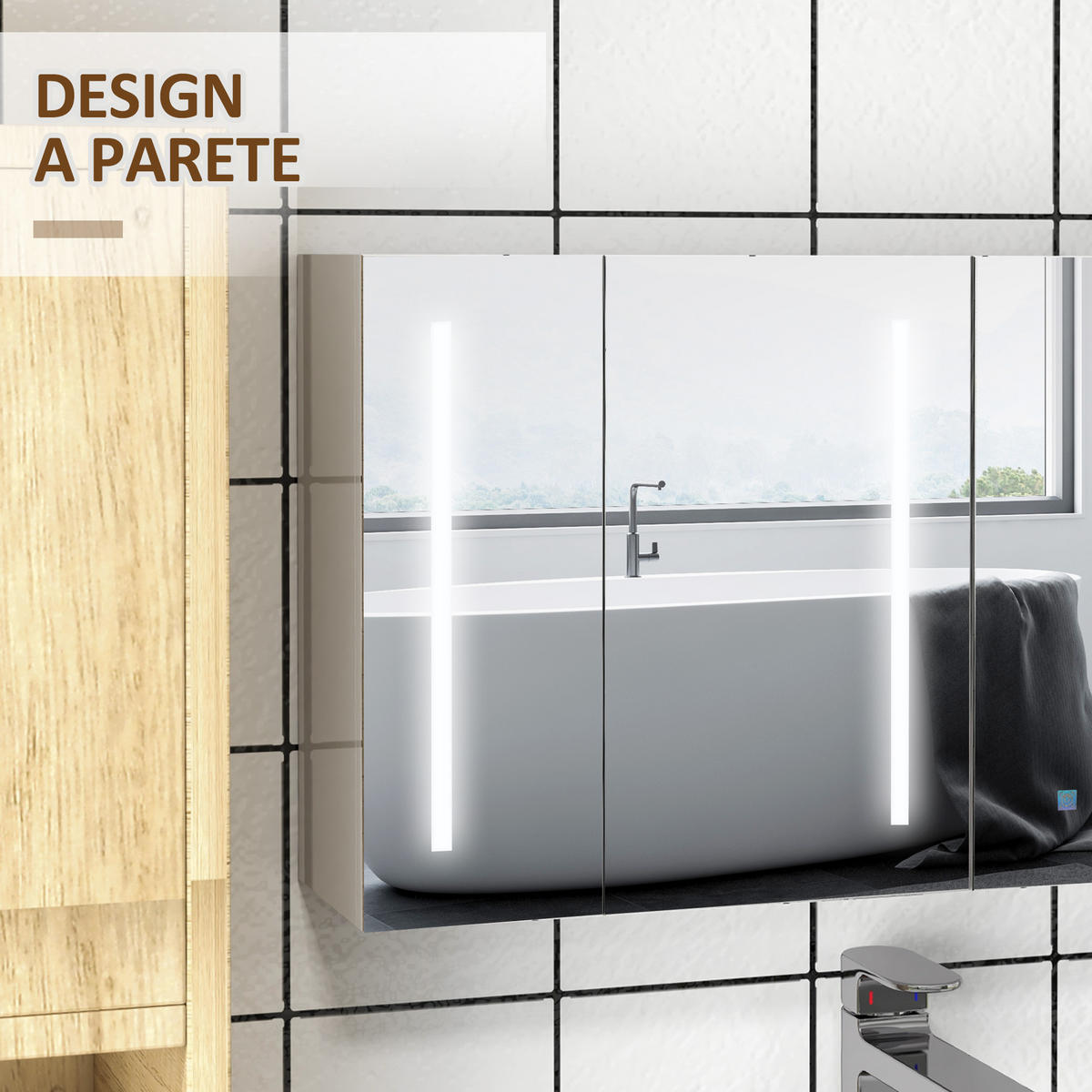 SPIEGELSCHRANK, Spiegelschrank mit USB-Ladeanschluss, 90 x 15 x 70 cm ,Weiß - Weiß, Glas (90/70/15cm) - Vallsero