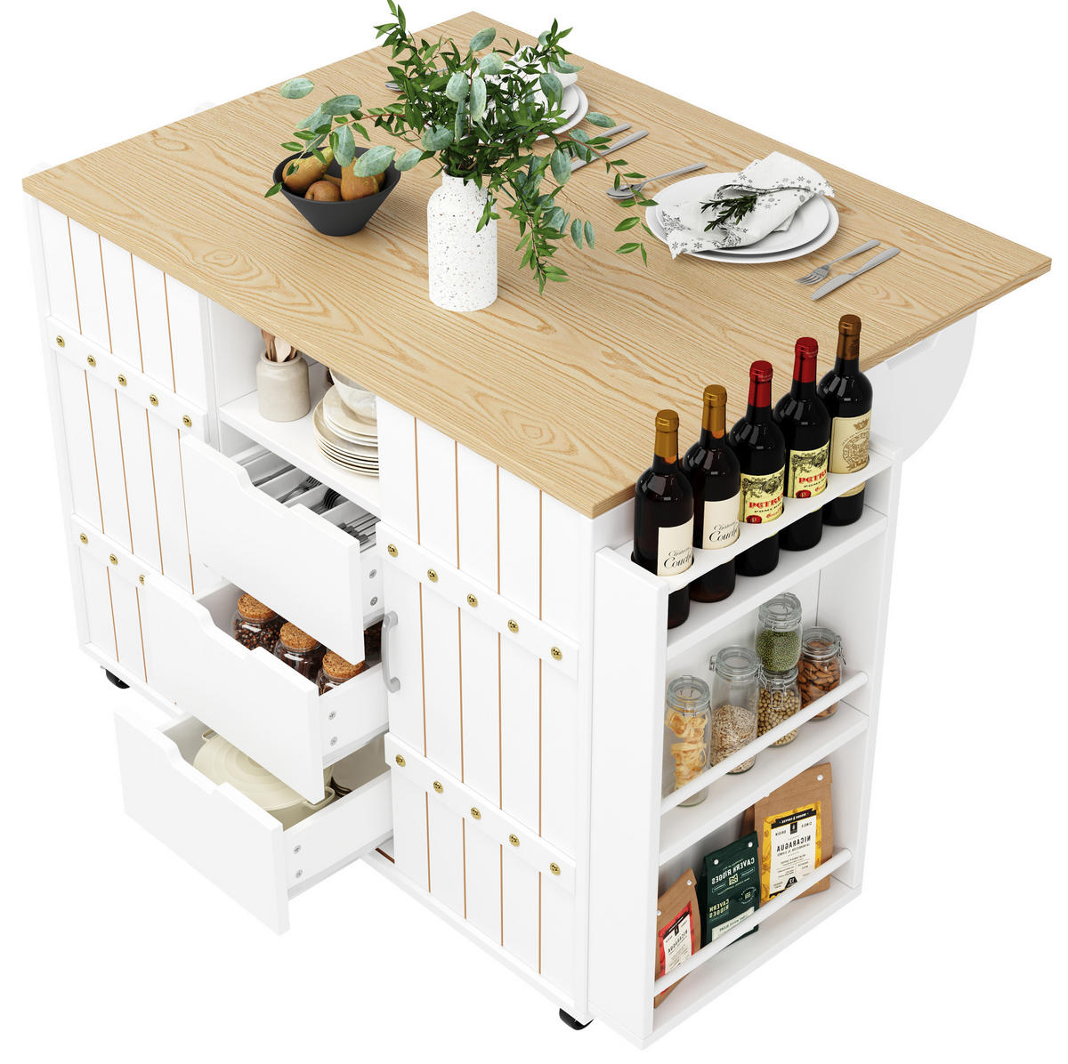 KÜCHENINSEL 110/42/90 cm aus MDF mit klappbarer Tischplatte und Schiebetüren Weiß - Weiß, Holzwerkstoff (110/90/42cm) - Modenvie
