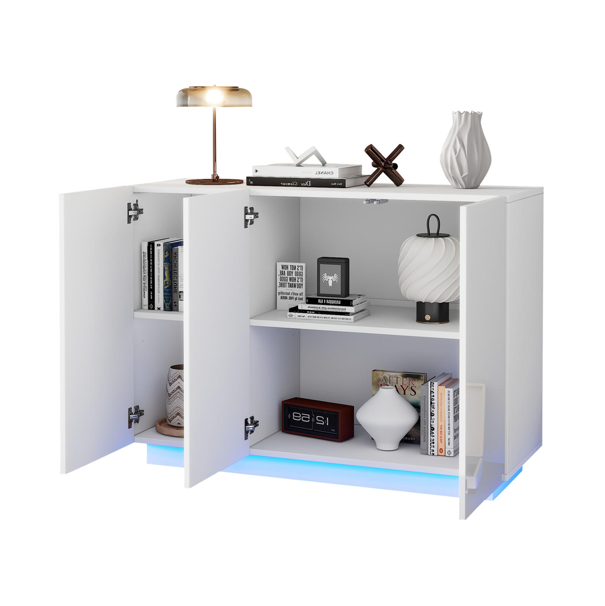 SIDEBOARD 120/40/75 cm in Weiß mit LED-Beleuchtung und Hochglanzfronten - Weiß, Holzwerkstoff (120/75/40cm) - Flora Grace