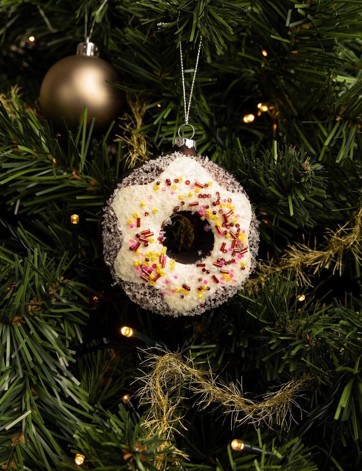WEIHNACHTSKUGEL Donut Weiß/Braun 10 cm - Weiß, Glas (4/10/1cm)
