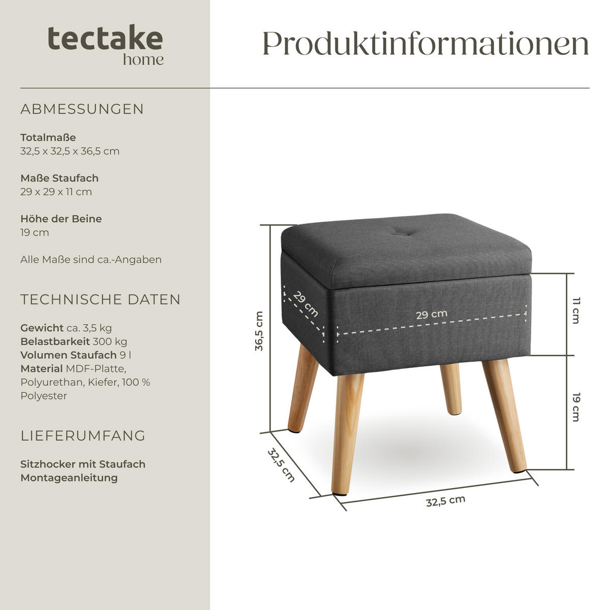 SITZHOCKER mit Stauraum Elva,32,5 x 32,5 x 36,5 cm,dunkelgrau - Dunkelgrau, Holz (32.5/36.5/32.5cm) - tectake
