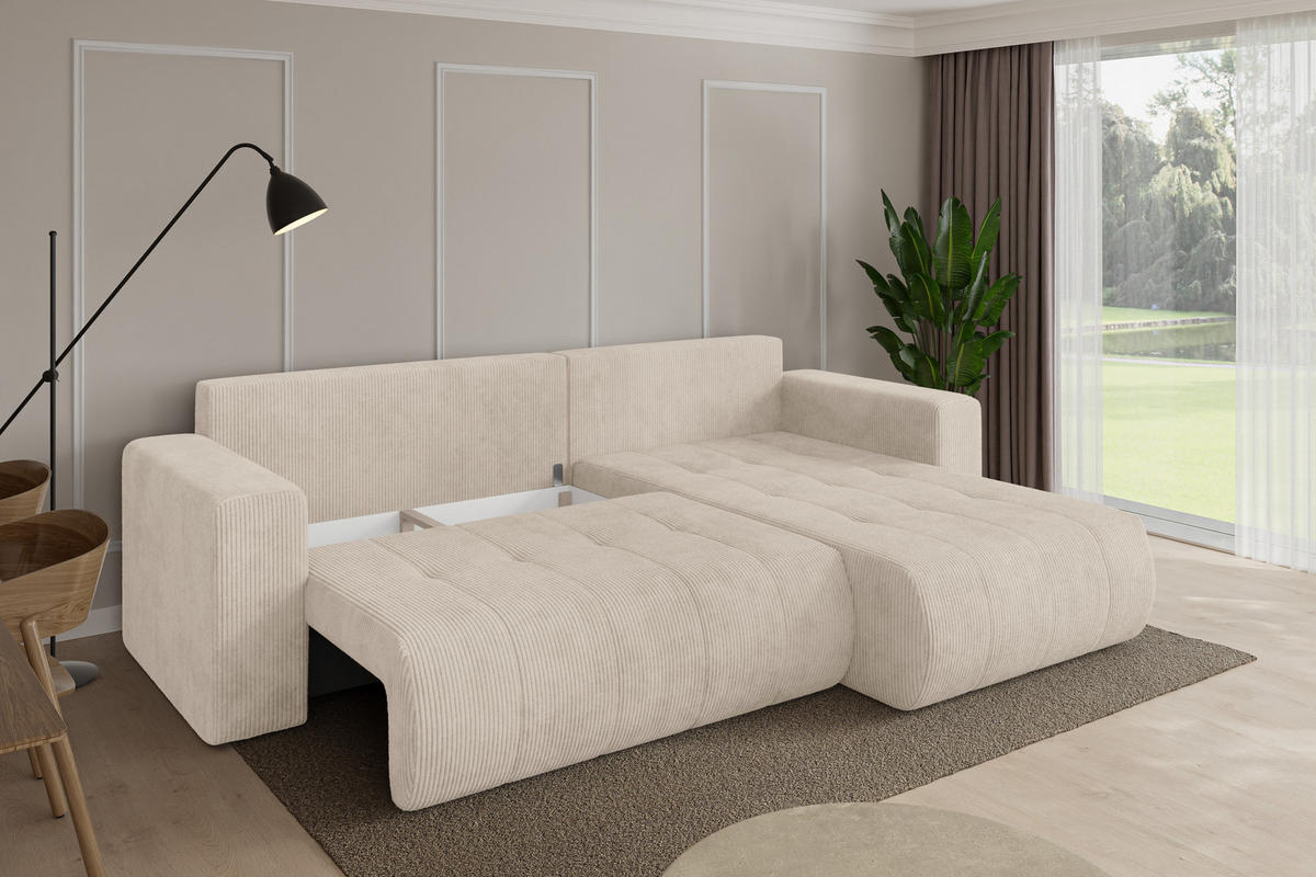 ROHOVÁ SEDAČKA s funkcí spaní, otoman vpravo MILA-L 277x194x86 béžová manšestr - černá/béžová, kompozitní dřevo/textil (277/194cm) - ALTDECOR