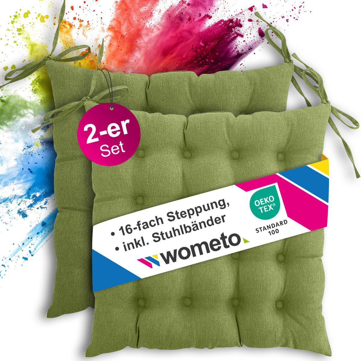 SITZKISSEN 2er Set 16-Punkt grün 40/40 cm mit Steppung und Halte-Bändern - Grün, Textil (40/40/4cm) - wometo