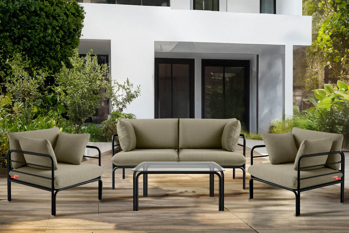 GARTENMÖBELSET RAMBE 4-tlg. 1x Tisch 2x Sessel 1x Sofa 3-Sitzer, mit Auflage, Stahlrahmen, LOFT-STIL, Anthrazit/Beige - Dunkelgrau/Beige, Textil/Metall - KONSIMO®
