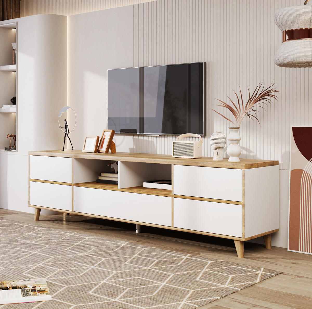 TV-ELEMENT mit 4 Türen 175 x 37 x 51 cm MDF Weiß und Holzoptik - Weiß, Holzwerkstoff (37/51/175cm) - Beauniv