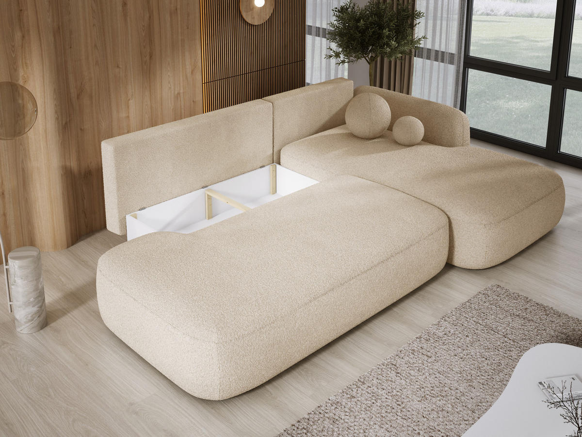 ECKSOFA BABU mit Schlaffunktion, Moderne Polsterecke für Wohnzimmer, funktionales Schlafsofa im Stoff NOW OR NEVER, 300x105x60cm rechte, beige​ - Sandfarben, Holz/Textil (300/190cm) - DomoHome