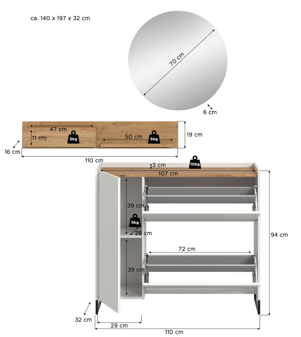 GARDEROBE-SET weiß und Artisan Eiche, Garderobe 3-teilig, 140 x 197 cm, Soft-Close, Borga - Schwarz/Weiß, Holzwerkstoff/Metall (140/197/32cm) - Inn.Furn