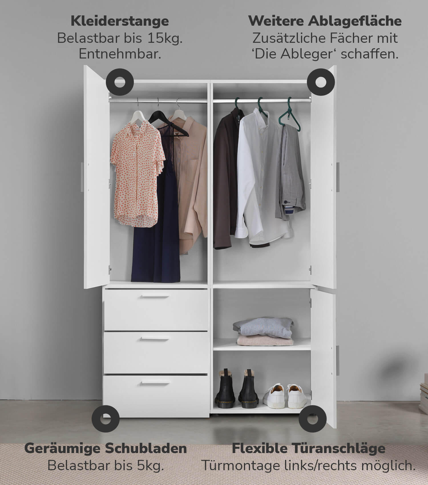KLEIDERSCHRANK Der Grenzenlose - Weiß, Holzwerkstoff (120/187/58cm) - Mokebo