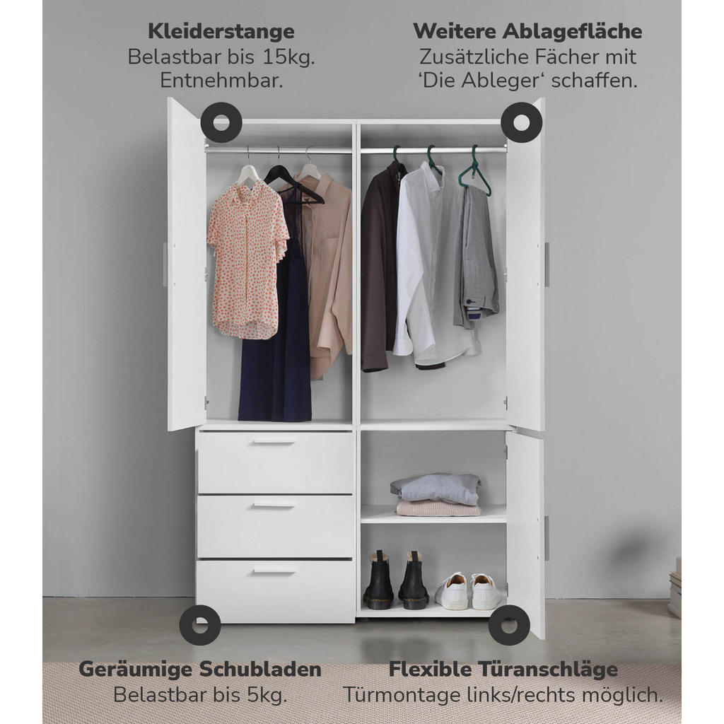 Thumbnail - Mokebo Kleiderschrank, Weiß, Holzwerkstoff, 1 Fächer, 120x187x58 cm, Schlafzimmer, Kleiderschränke, Drehtürenschränke