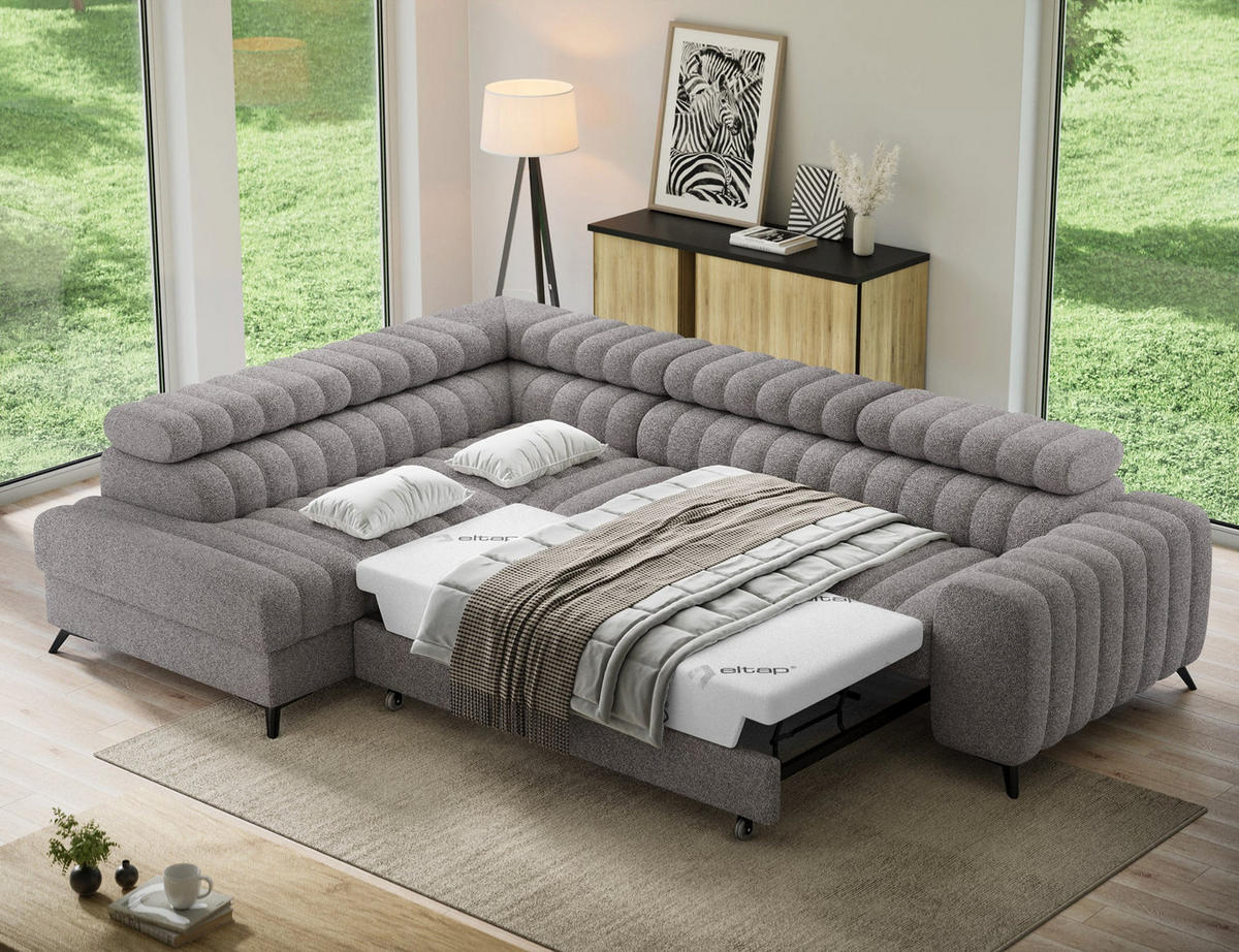 KANEDO Ecksofa mit Schlaffunktion und Bettkasten – Modernes Designsofa, verstellbare Kopfstützen, Metallfüße - Grau, Kunststoff (269/86cm) - Wohnideebilder