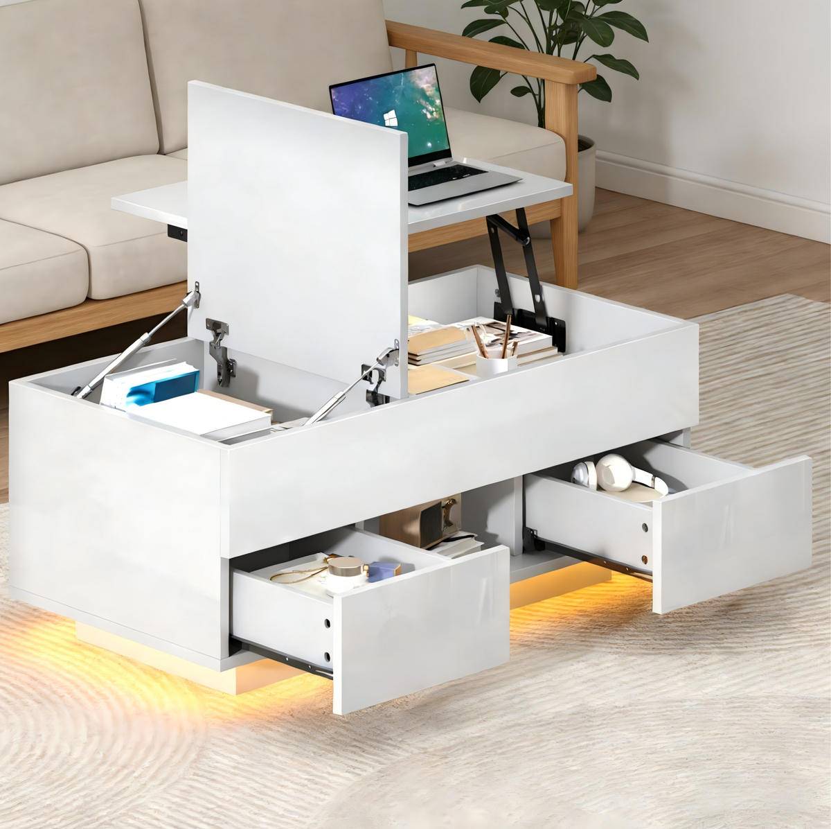 COUCHTISCH höhenverstellbar 100 x 45 x 43 cm Weiß mit 2 Schubladen LED - Weiß, Holzwerkstoff (100/45/43cm) - Meubliv