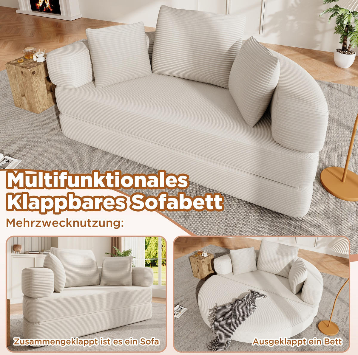 KLAPPSOFABETT Cord Samt-Optik 2-in-1 Sofa und Bett Beige 173/176/40 cm - Beige, Textil (176/40/173cm) - Redom