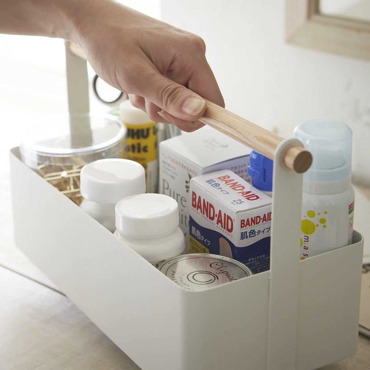 AUFBEWAHRUNGSKORB aus weißem Metall mit Holzgriff - L29 cm - Weiß, Metall (13/16/29cm) - Yamazaki